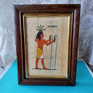 VINTAGE EASEL BACK INTERCRAFT WOODEN FRAME WITH 4x6 AQUARIUS ARTWORK ON PAPYRUS